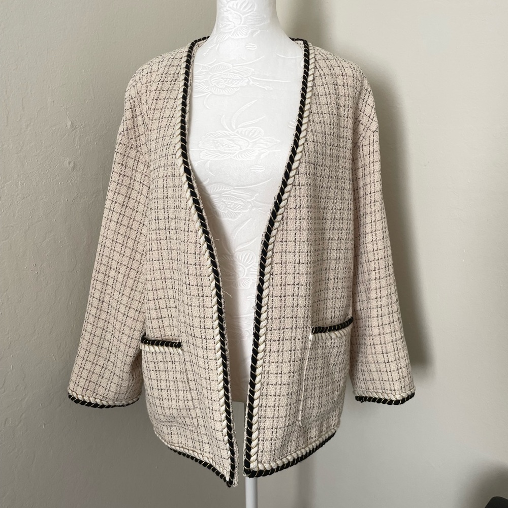 Kimono contrast trimming tweed jacket